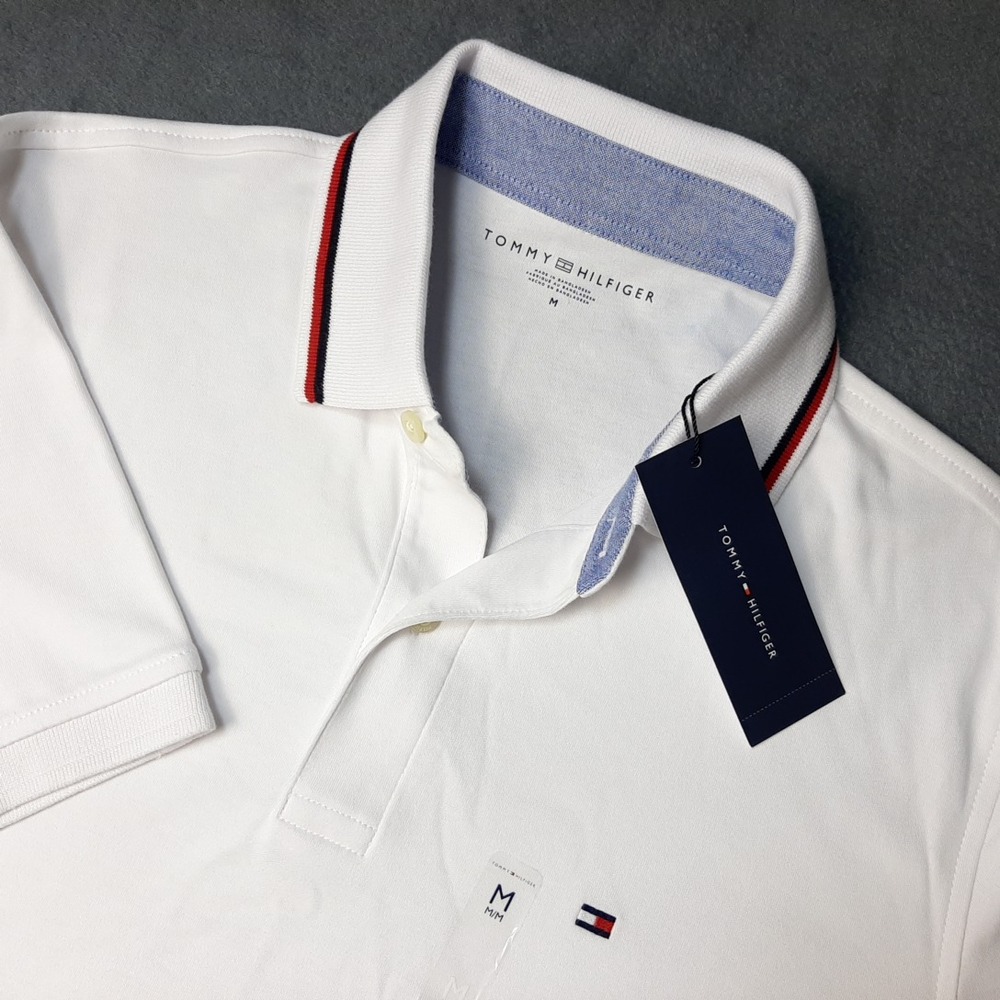 NEW Tommy Hilfiger Polo Shirt Mens Medium White Flag Logo Preppy $69.50 MSRP!